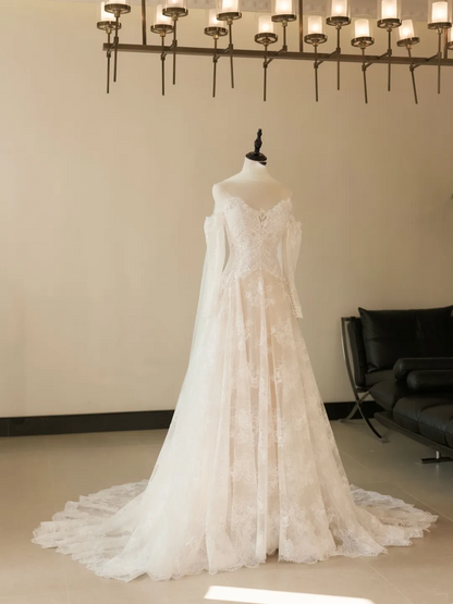 Princess Mermaid Off The Shoulder Long Sleeve Lace Fitted Corset Long Wedding Dress Bride Gowns White Wedding Dresses RB2036