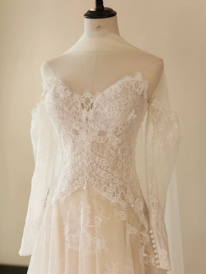 Princess Mermaid Off The Shoulder Long Sleeve Lace Fitted Corset Long Wedding Dress Bride Gowns White Wedding Dresses RB2036