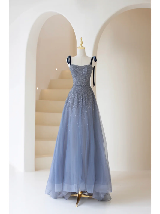 Modest A Line Spaghetti Straps Dusty Blue Tulle Long Prom Dresses Inspiration Formal Gown RB2070