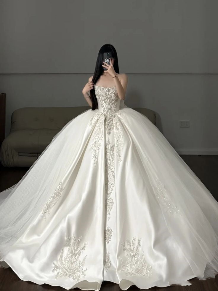 Princess Ball Gown Strapless Sleeveless Satin Fitted Corset Long Wedding Dress Bride Gowns Lace Wedding Dresses RB2072