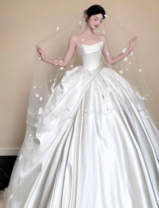 Charming Ball Gown Strapless Sleeveless Satin Fitted Corset Long Wedding Dress Bride Gowns Wedding Dresses RB2075
