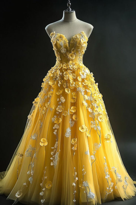 Beautiful Ball Gown Sweetheart Yellow Tulle Prom Dresses For Teens Formal Dress Party Outfits Prom Gown RB2078