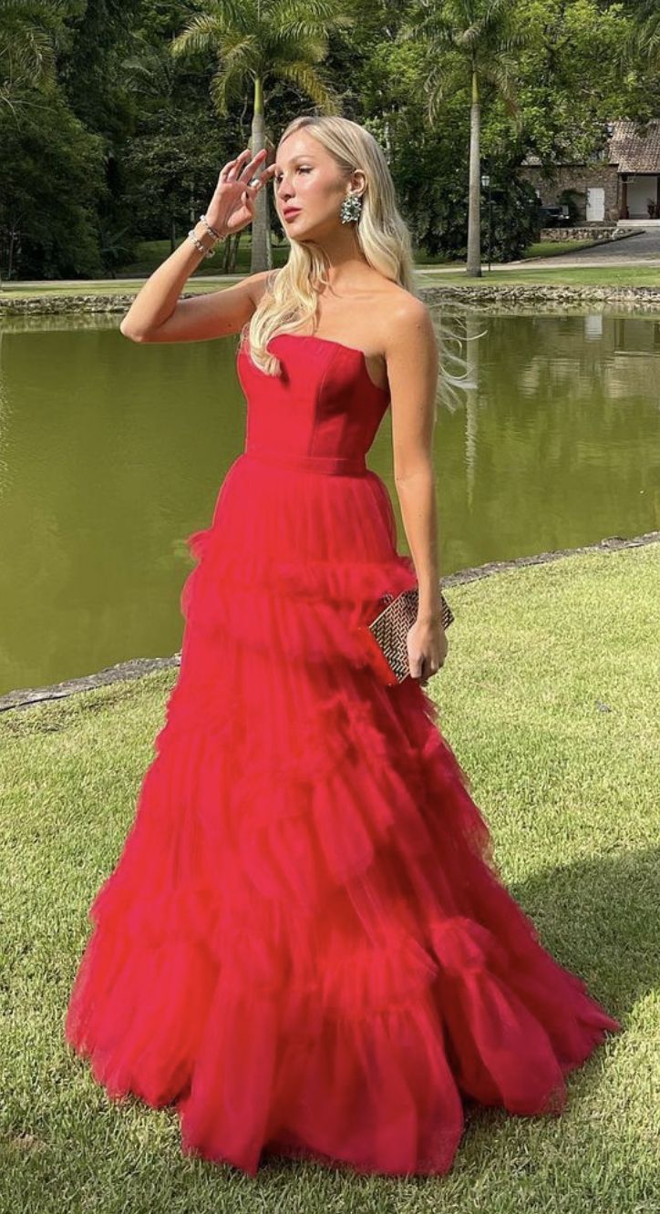 Vintage Ball Gown Strapless Red Tulle Layers Ruffles Long Prom Dresses Inspiration Formal Gown RB2097