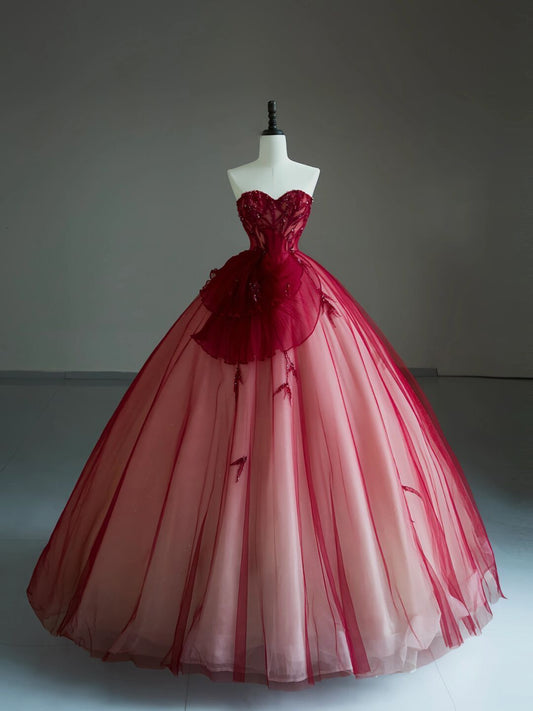 Modest Quinceanera Dresses Ball Gown Sweetheart Burgundy Tulle Birthday Gown Vestidos De 15 Anos Formal Party Long Sweet 16 Dress RB2101