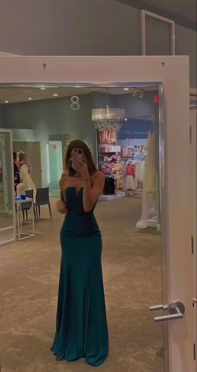 Vintage Mermaid Strapless Teal Satin Slit Ruffles Long Prom Dresses Inspiration Formal Gown RB2103