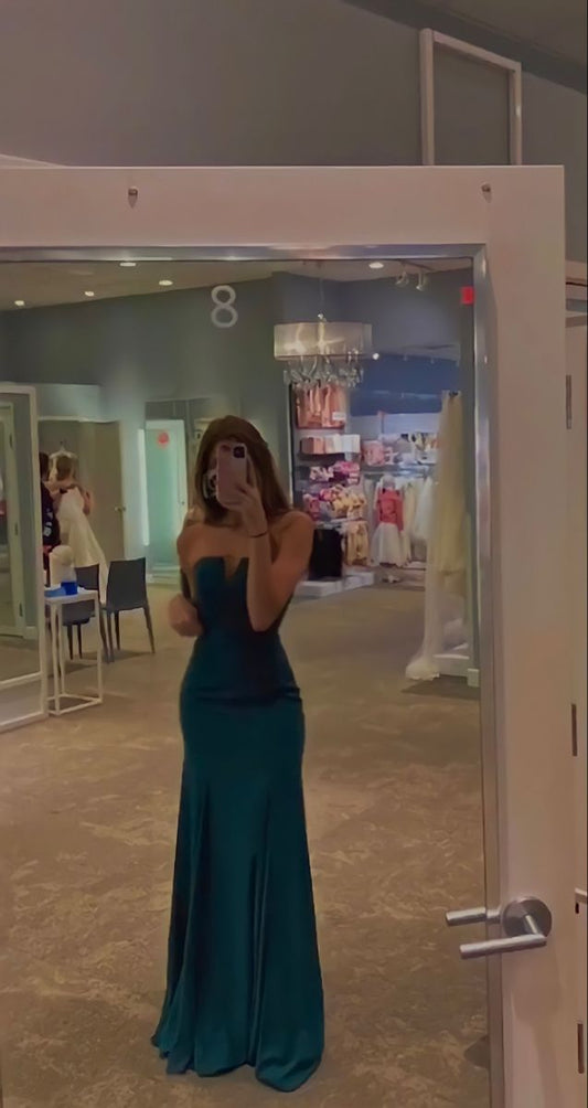Vintage Mermaid Strapless Teal Satin Slit Ruffles Long Prom Dresses Inspiration Formal Gown RB2103