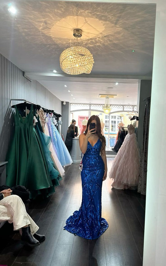 Unique Mermaid Spaghetti Straps Royal Blue Sequin Prom Dresses For Teens Formal Dress Party Outfits Prom Gown RB2104