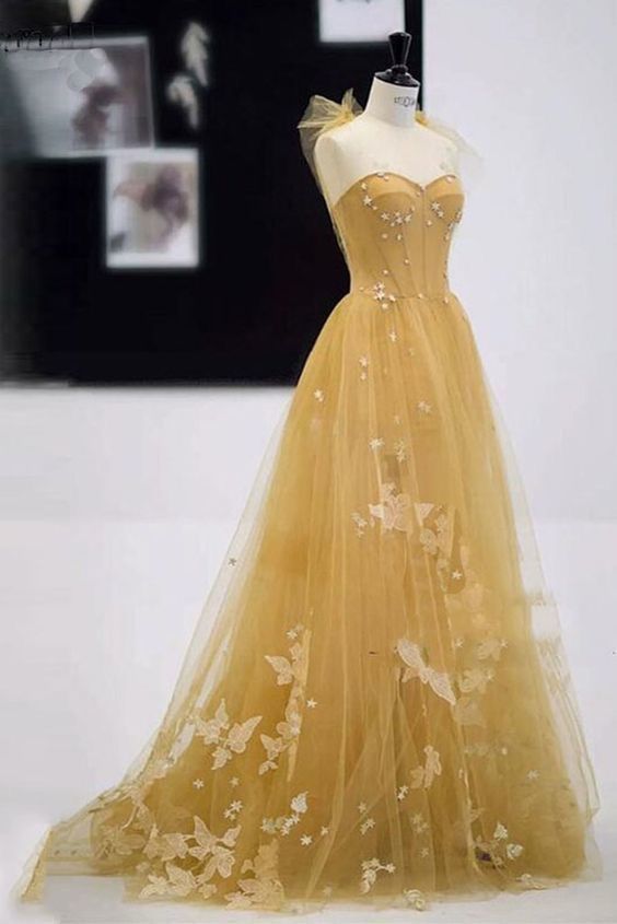 Beautiful A line Sweetheart Yellow Tulle Prom Dresses For Teens Formal Dress Party Outfits Prom Gown RB2106