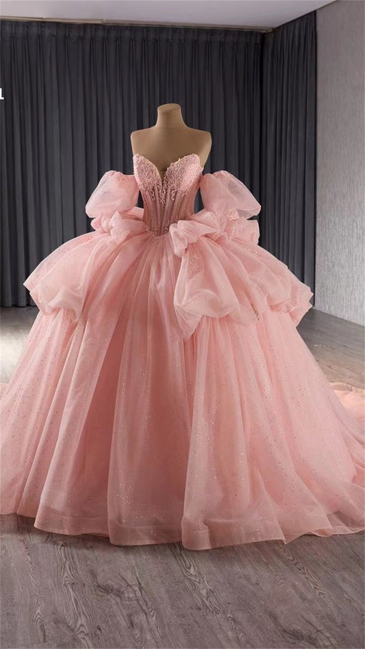 Modest Quinceanera Dresses Ball Gown Sweetheart Pink Tulle Birthday Gown Vestidos De 15 Anos Formal Party Puffy Sleeves Sweet 16 Dress RB2107