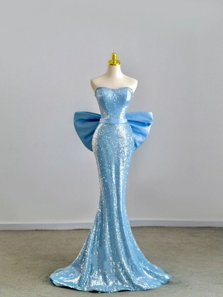 Unique Mermaid Strapless Blue Sequin Prom Dresses With Bow For Teens Formal Dress Party Outfits Prom Gown RB2114