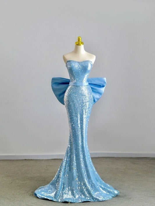 Unique Mermaid Strapless Blue Sequin Prom Dresses With Bow For Teens Formal Dress Party Outfits Prom Gown RB2114