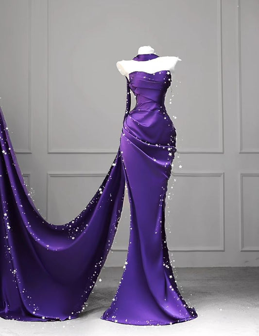 Simple Mermaid Strapless Grape Satin Pleated Prom Dresses For Teens Formal Dress Party Outfits Prom Gown RB2116