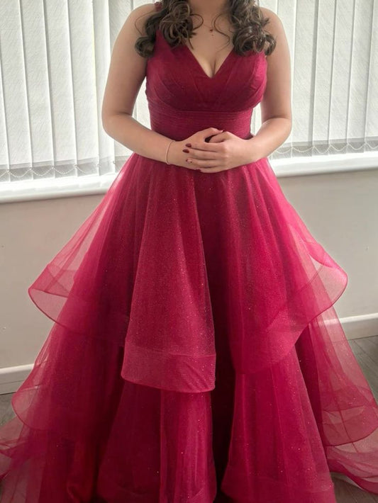 Beautiful Ball Gown V Neck Burgundy Tulle Prom Dresses For Teens Formal Dress Party Outfits Prom Gowns RB2118