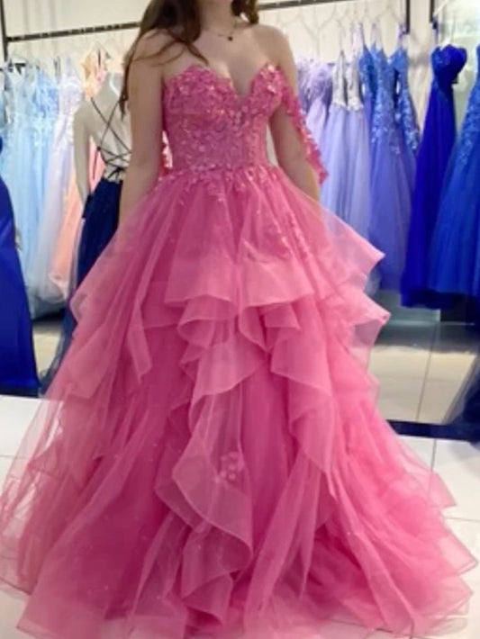 Beautiful Ball Gown Straps Pink Tulle Prom Dresses For Teens Formal Dress Party Outfits Prom Gowns RB2121