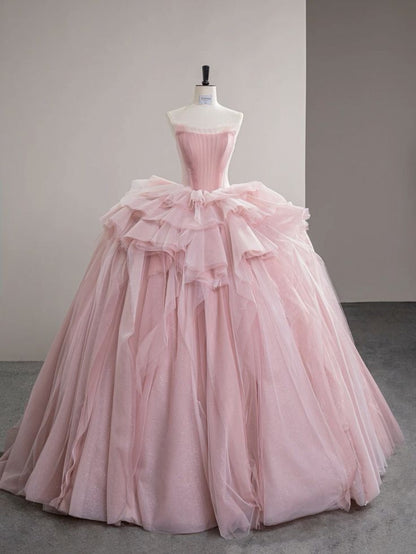 Modest Quinceanera Dresses Ball Gown Strapless Pink Tulle Birthday Gown Vestidos De 15 Anos Formal Party Puffy Sleeves Sweet 16 Dress RB2122