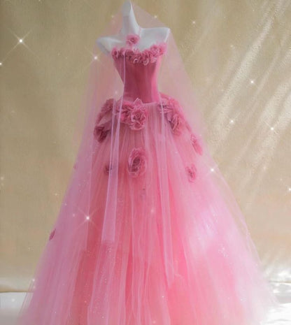 Cute Strapless Ball Gown Pink Tulle Long Quinceanera Dress Gorgeous Quinceanera Dresses Sweet 15 16 Dress B107