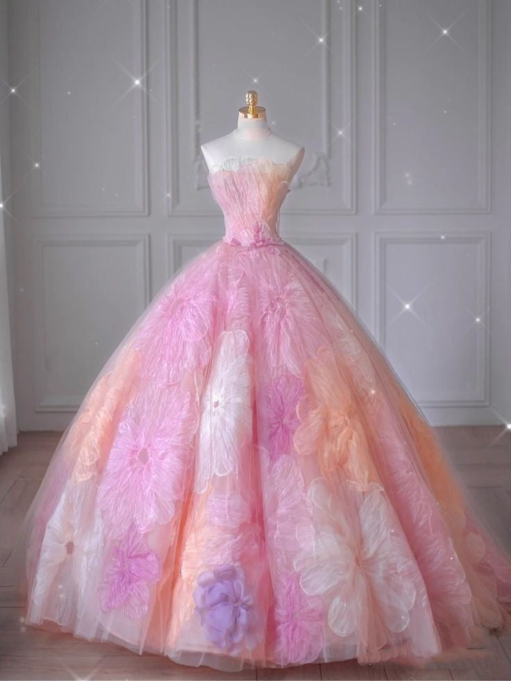 Cute Strapless Ball Gown Pink Floral Tulle Long Quinceanera Dress Strapless Sweet 15 16 Dress RB2126
