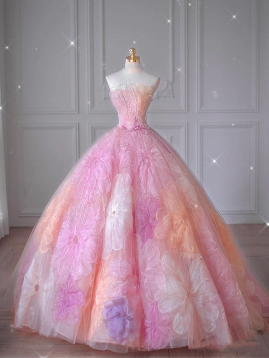 Cute Strapless Ball Gown Pink Floral Tulle Long Quinceanera Dress Strapless Sweet 15 16 Dress RB2126