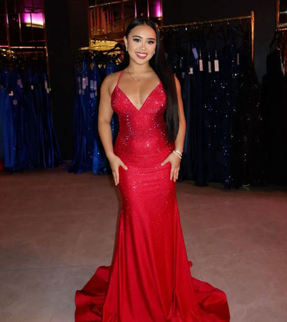 Sexy Mermaid Halter Red Sequin Prom Dresses For Teens Formal Dress Party Outfits Prom Gown RB2127