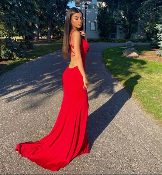 Sexy Mermaid Spaghetti Straps Red Backless Prom Dresses For Teens Formal Dress Party Outfits Prom Gown RB2128