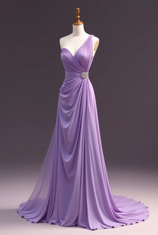 Modest Sheath One Shoulder Lilac Chiffon Prom Dresses For Teens Formal Dress Party Outfits Prom Gown RB2132