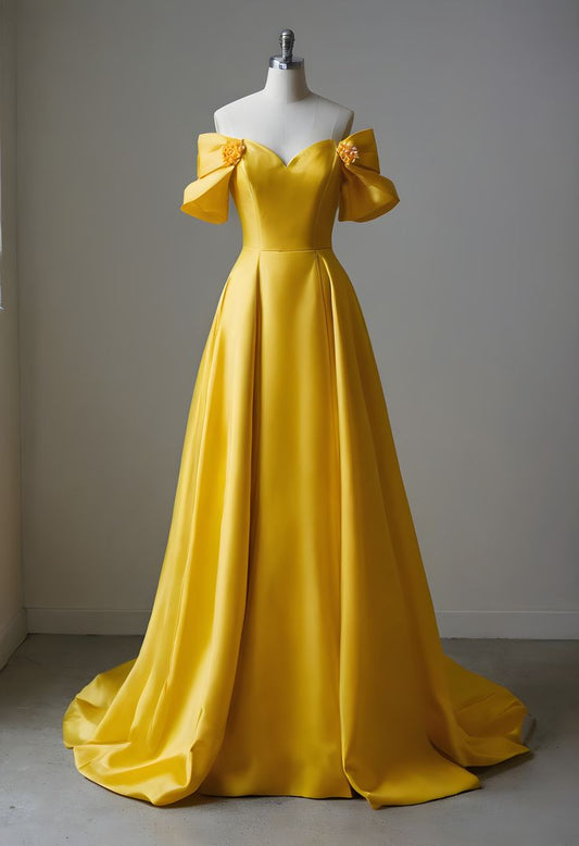 Sexy A Line Off The Shoulder Yellow Satin Prom Dresses For Teens Formal Dress Party Outfits Prom Gown RB2136