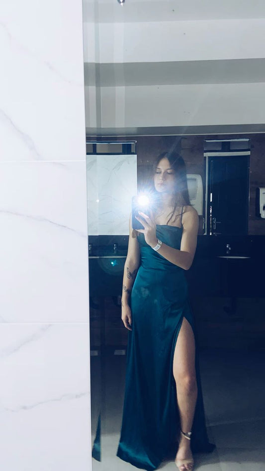 Modest Sheath Spaghetti Straps Green Silk Satin Slit Prom Dresses For Teens Formal Dress Party Outfits Prom Gown RB2139