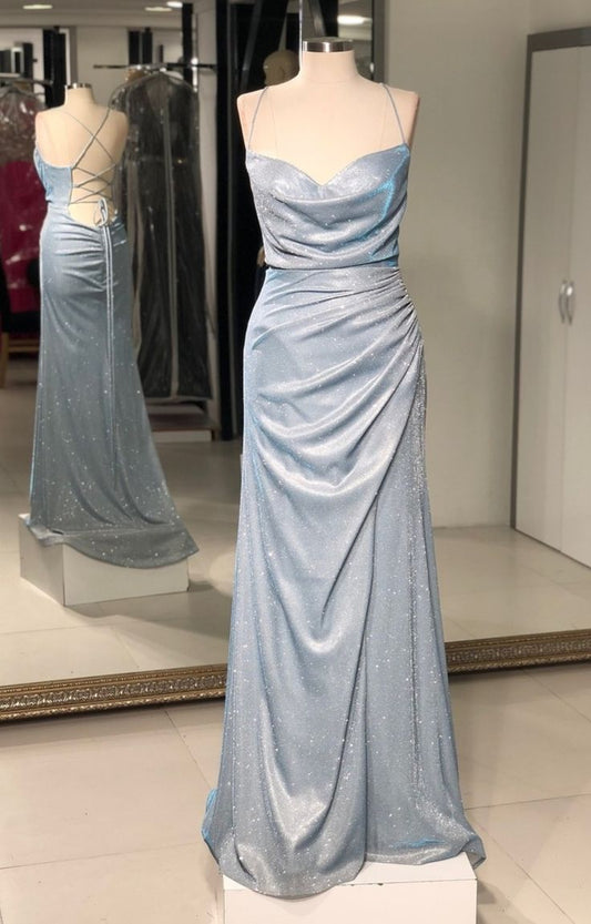 Charming Mermaid Spaghetti Straps Light Sky Blue Sequin Prom Dresses For Teens Formal Dress Party Outfits Prom Gown RB2146