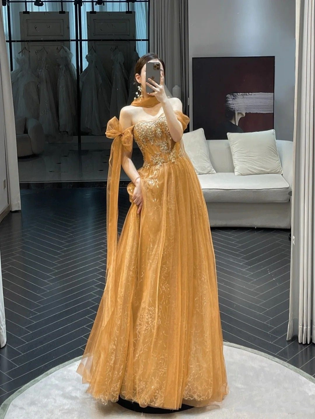 Unique A Line Off The Shoulder Tulle Lace Gold Prom Dresses inspiration Long Party Dress Birthday Outfits Graduation Dress RB2147