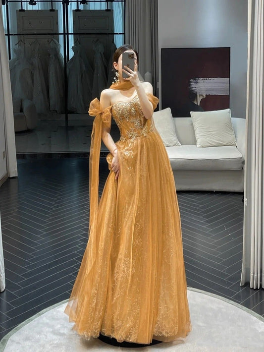 Unique A Line Off The Shoulder Tulle Lace Gold Prom Dresses inspiration Long Party Dress Birthday Outfits Graduation Dress RB2147