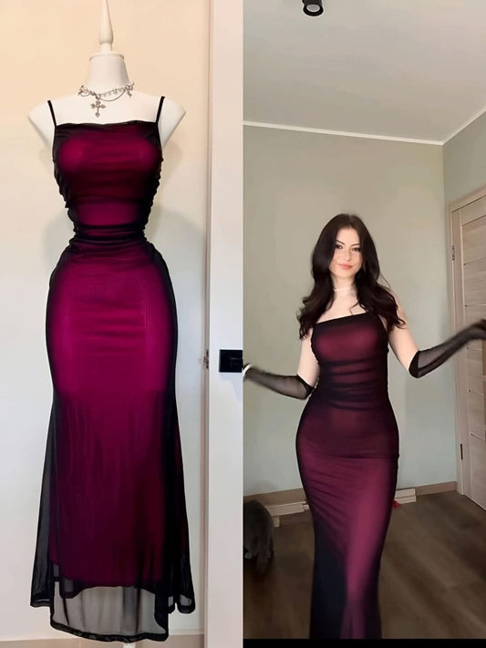 Vintage Mermaid Spaghetti Straps Black Burgundy Tulle Prom Dresses For Teens Formal Dress Party Outfits Prom Gowns RB2151