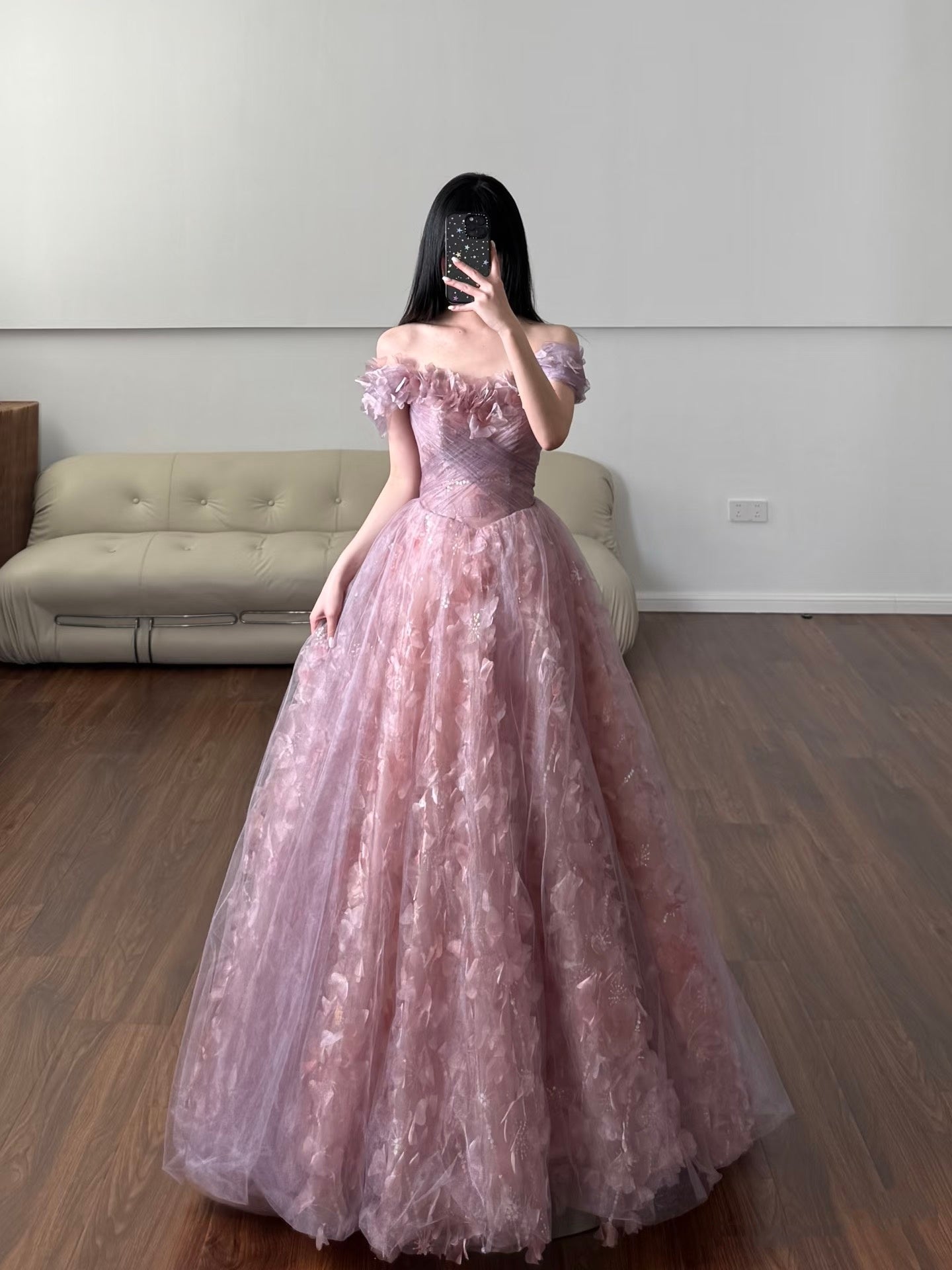 Unique Ball Gown Off The Shoulder Tulle Lace Pink Prom Dresses inspiration Long Party Dress Birthday Outfits Graduation Dress RB2161