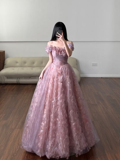 Unique Ball Gown Off The Shoulder Tulle Lace Pink Prom Dresses inspiration Long Party Dress Birthday Outfits Graduation Dress RB2161