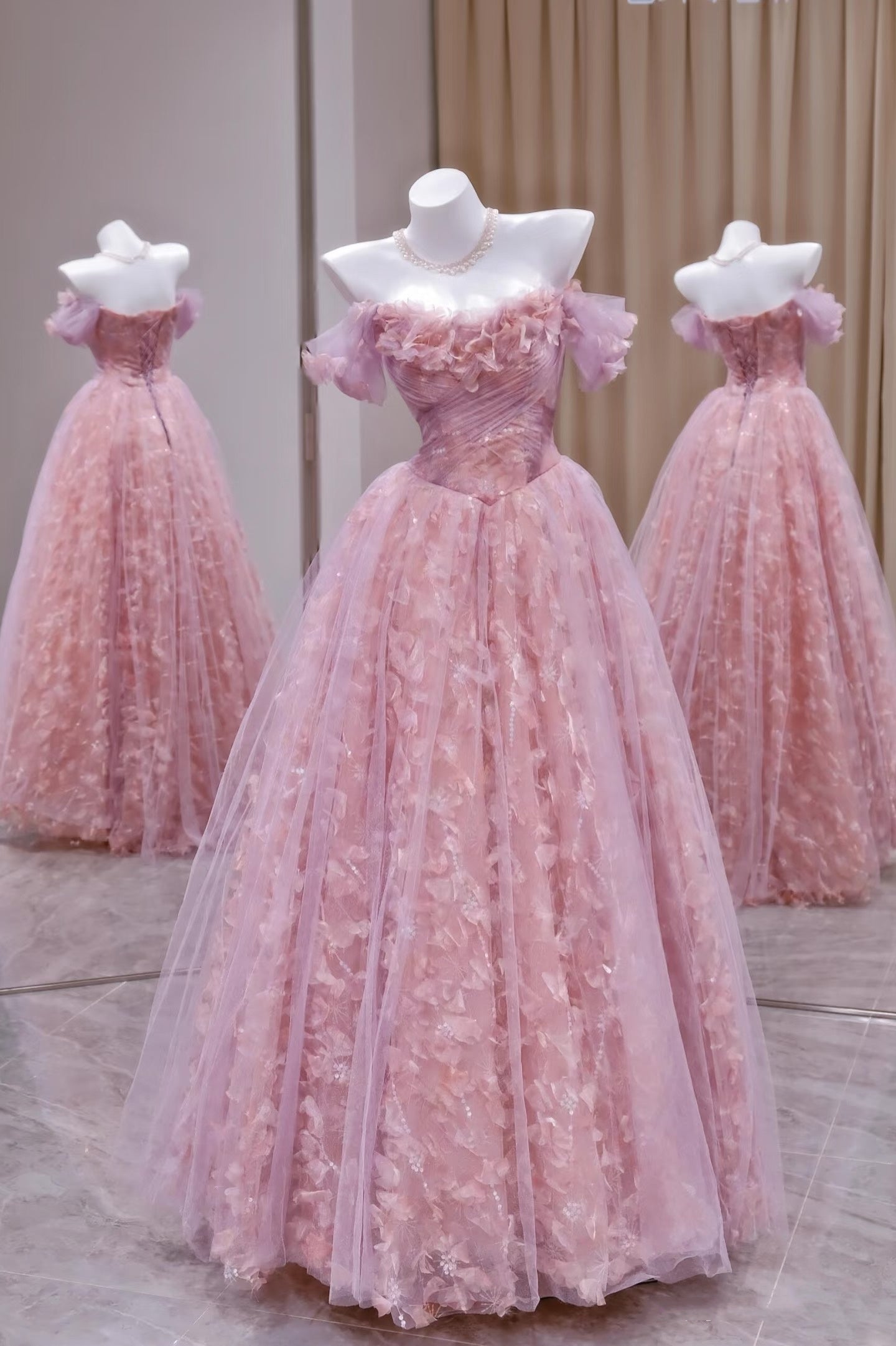 Unique Ball Gown Off The Shoulder Tulle Lace Pink Prom Dresses inspiration Long Party Dress Birthday Outfits Graduation Dress RB2161