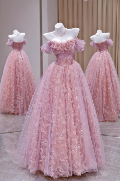 Unique Ball Gown Off The Shoulder Tulle Lace Pink Prom Dresses inspiration Long Party Dress Birthday Outfits Graduation Dress RB2161