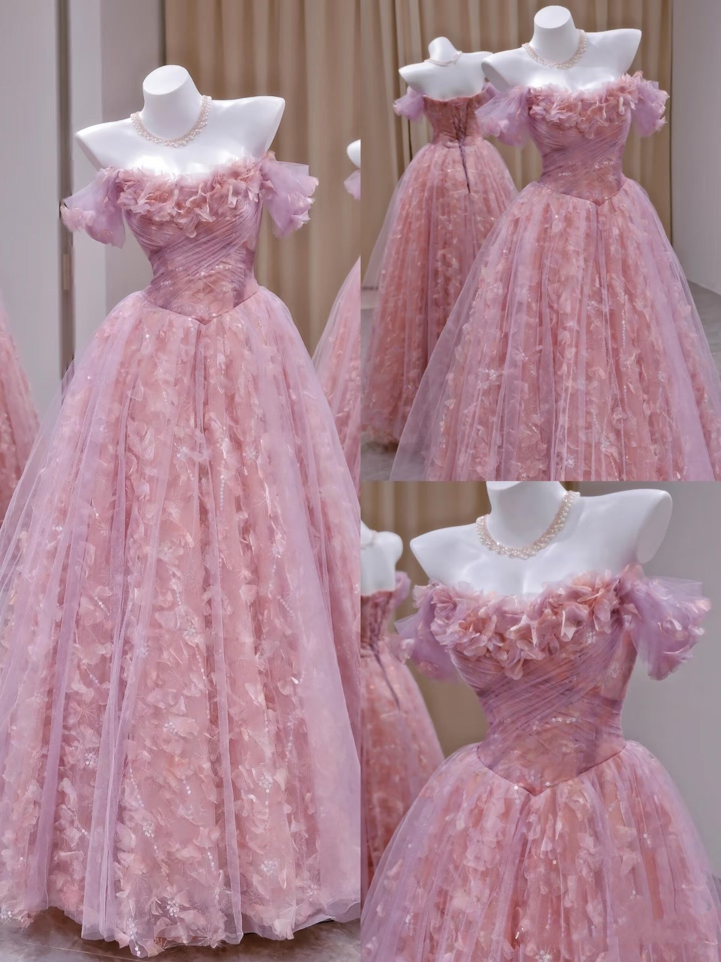 Unique Ball Gown Off The Shoulder Tulle Lace Pink Prom Dresses inspiration Long Party Dress Birthday Outfits Graduation Dress RB2161