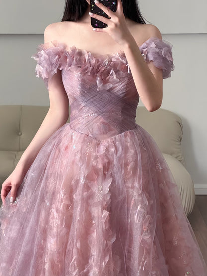 Unique Ball Gown Off The Shoulder Tulle Lace Pink Prom Dresses inspiration Long Party Dress Birthday Outfits Graduation Dress RB2161