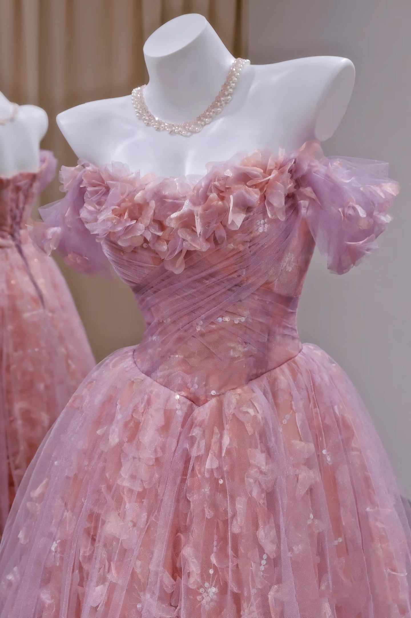 Unique Ball Gown Off The Shoulder Tulle Lace Pink Prom Dresses inspiration Long Party Dress Birthday Outfits Graduation Dress RB2161