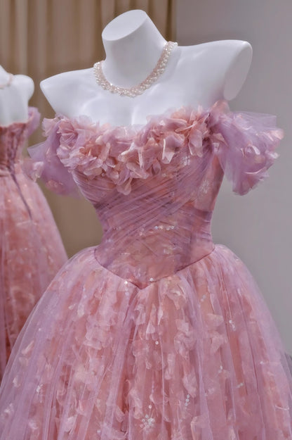 Unique Ball Gown Off The Shoulder Tulle Lace Pink Prom Dresses inspiration Long Party Dress Birthday Outfits Graduation Dress RB2161