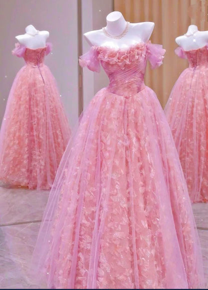 Unique Ball Gown Off The Shoulder Tulle Lace Pink Prom Dresses inspiration Long Party Dress Birthday Outfits Graduation Dress RB2161