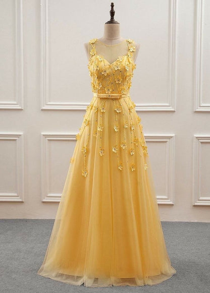 Cute A Line Yellow Lace Appliqued Prom Dresses Inspiration For Teens Formal Dress Party Outfits Prom Gown RB2165