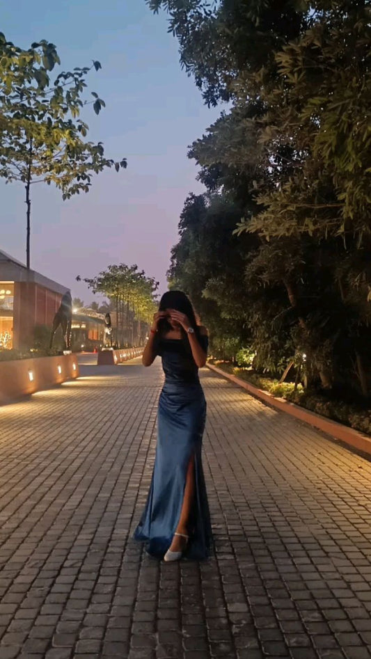 Unique Mermaid Off The Shoulder Navy Blue Satin Slit Side Prom Dresses Inspiration Long Party Dress Birthday Outfits Graduation Dress RB2169