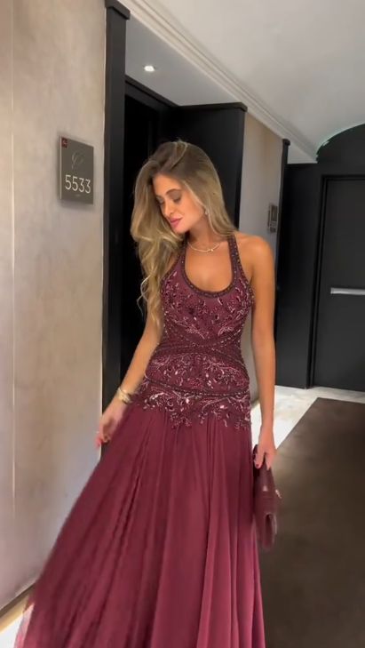 Classy Mermaid Halter Dark Red Burgundy Chiffon Prom Dresses Inspo For Teens Formal Dress Party Outfits Prom Gowns RB2174