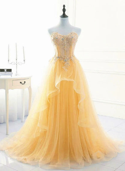 Classy Ball Gown Sweetheart Yellow Tulle Prom Dresses Inspo For Teens Formal Dress Party Outfits Prom Gowns RB2181