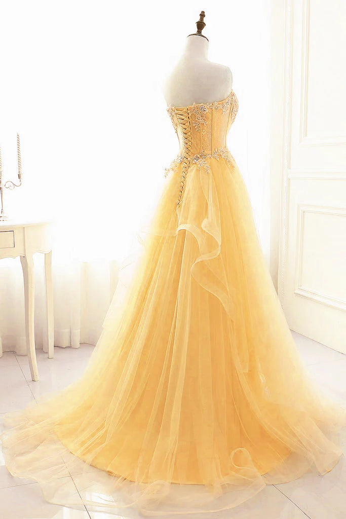 Classy Ball Gown Sweetheart Yellow Tulle Prom Dresses Inspo For Teens Formal Dress Party Outfits Prom Gowns RB2181