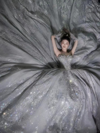 Luxury Ball Gown Sweetheart Sequin Lace Wedding Dress Fairytale Long Wedding Dresses RB2844