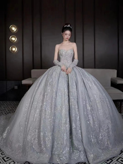 Luxury Ball Gown Sweetheart Sequin Lace Wedding Dress Fairytale Long Wedding Dresses RB2844
