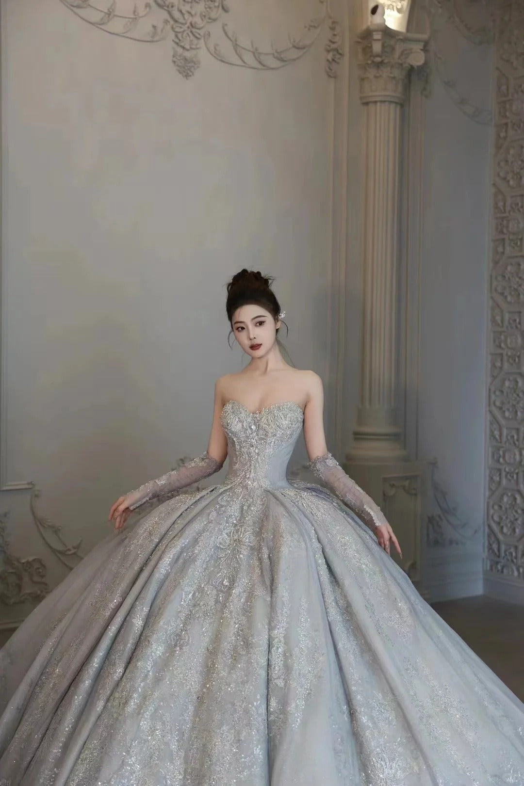 Luxury Ball Gown Sweetheart Sequin Lace Wedding Dress Fairytale Long Wedding Dresses RB2844
