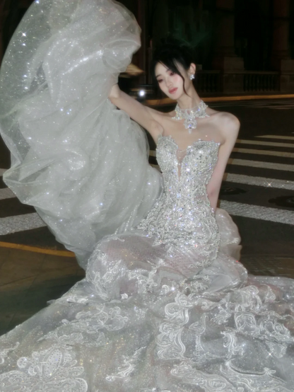 Luxury Ball Gown Sweetheart White Sequin Lace Wedding Dress Bride Gown Fairytale Wedding Dresses RB2863
