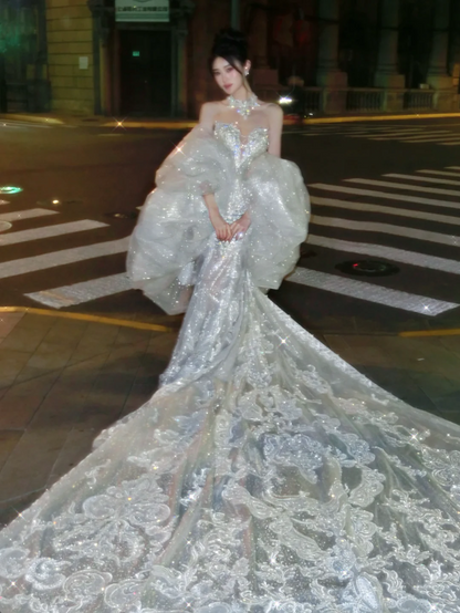 Luxury Ball Gown Sweetheart White Sequin Lace Wedding Dress Bride Gown Fairytale Wedding Dresses RB2863